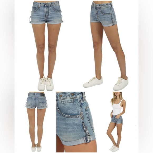 R13 $345 Hook Adjustable Cut Off Cuffed Jasper Blue Denim Jean Shorts SZ 27 - Picture 1 of 16